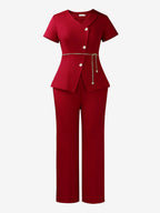 Two Piece Sets Burgundy Chic Daily Casual Chains Polyester V-Neck T-Shirt Sleeves Short Sleeves Pant Set