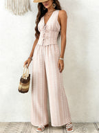 Two Piece Sets Pant Set White Printed Street Wear Polyester V-Neck Sleeveless Casual Pant Set