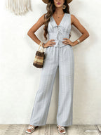 Two Piece Sets Pant Set White Printed Street Wear Polyester V-Neck Sleeveless Casual Pant Set