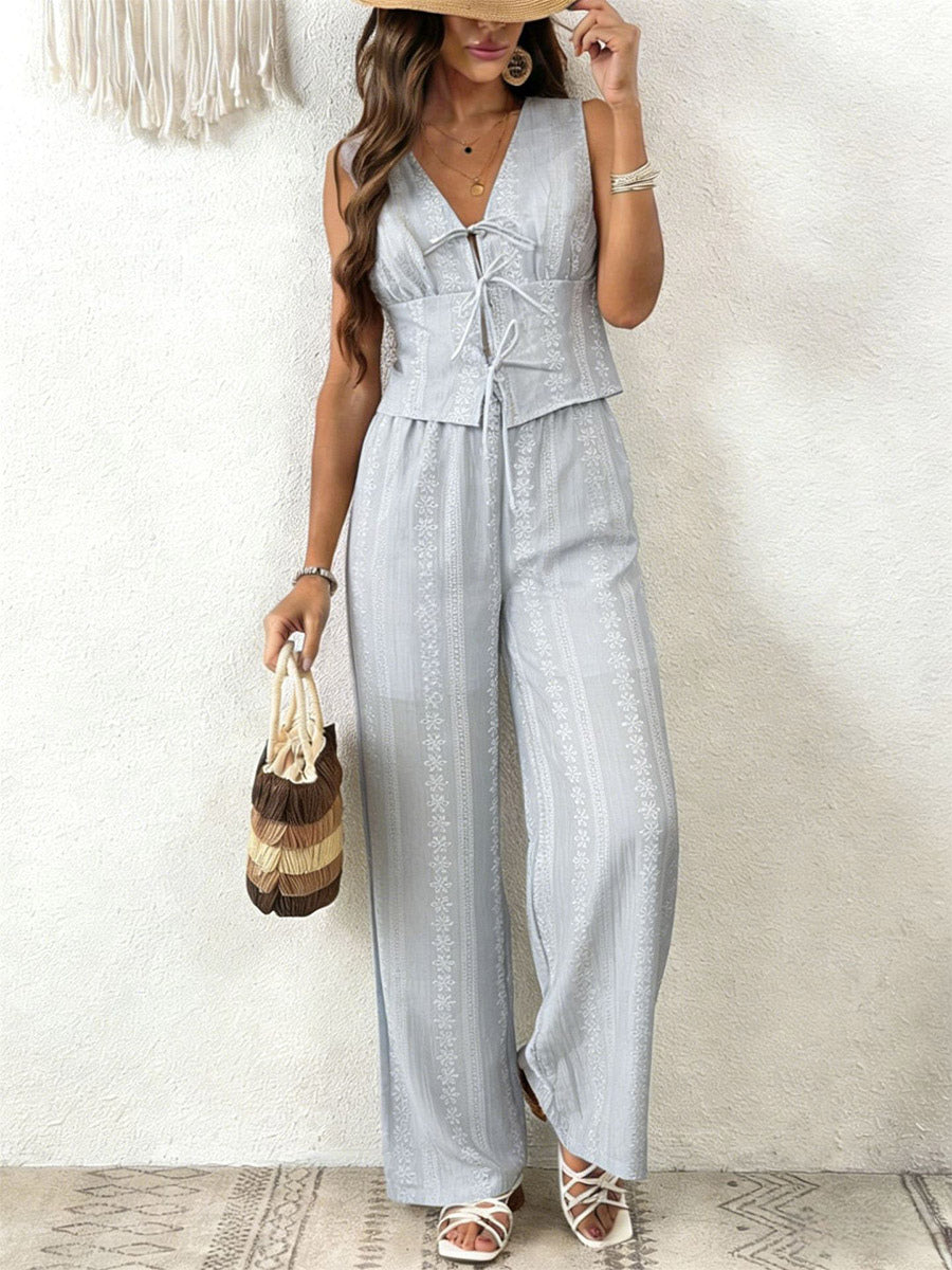 Two Piece Sets Pant Set White Printed Street Wear Polyester V-Neck Sleeveless Casual Pant Set