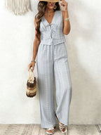 Two Piece Sets Pant Set White Printed Street Wear Polyester V-Neck Sleeveless Casual Pant Set