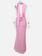 Vacation Dresses Maxi Lace Up Sleeveless Printed V-Neck Chic Pink A-line Dress