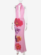 Vacation Dresses Maxi Lace Up Sleeveless Printed V-Neck Chic Pink A-line Dress