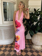 Vacation Dresses Maxi Lace Up Sleeveless Printed V-Neck Chic Pink A-line Dress