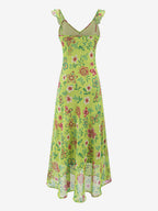 Daily Dresses For Women Red Shaping Flowers Sleeveless V-Neck Raised Waist Printed Dress