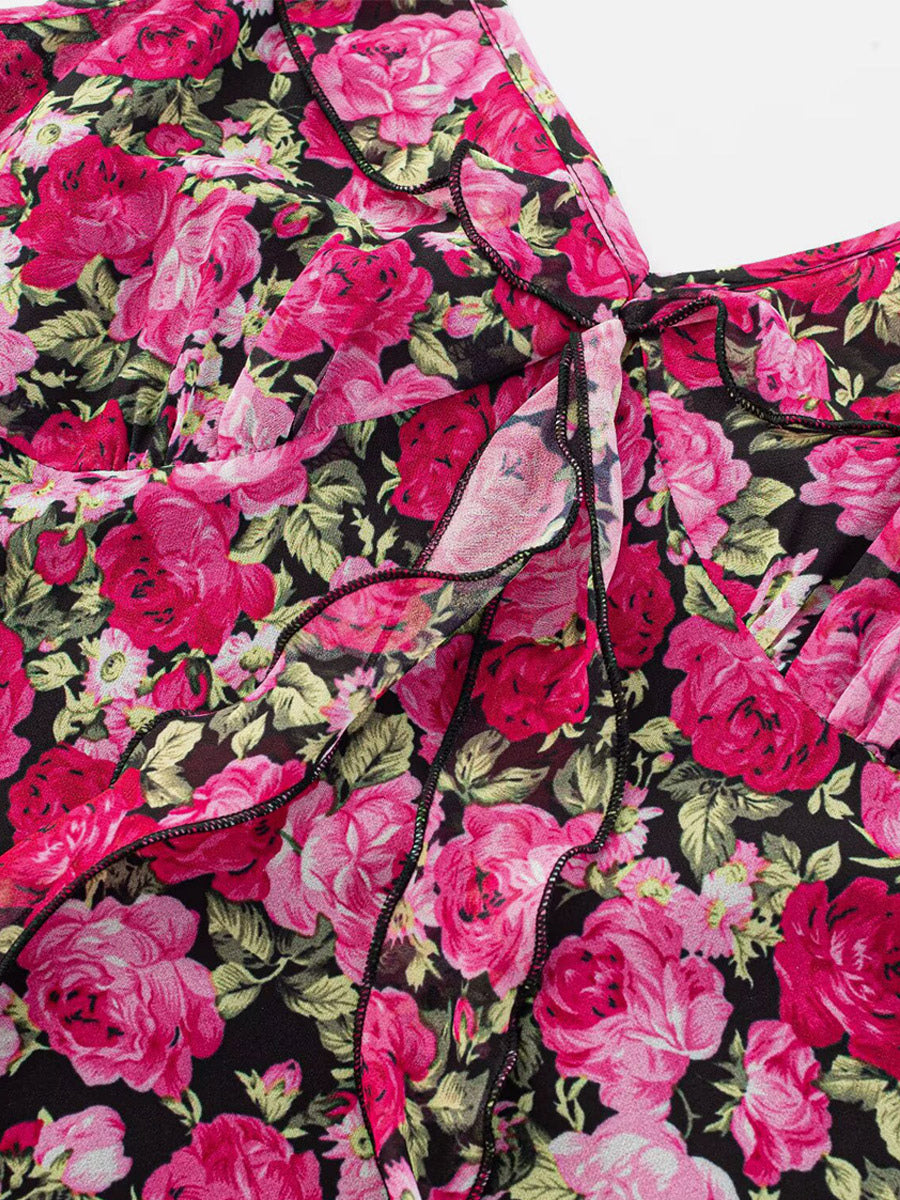 Daily Dresses For Women Red Shaping Flowers Sleeveless V-Neck Raised Waist Printed Dress