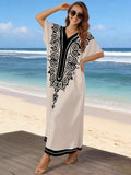 Vacation Dresses Oversized Short Sleeves Printed V-Neck Casual White Dress