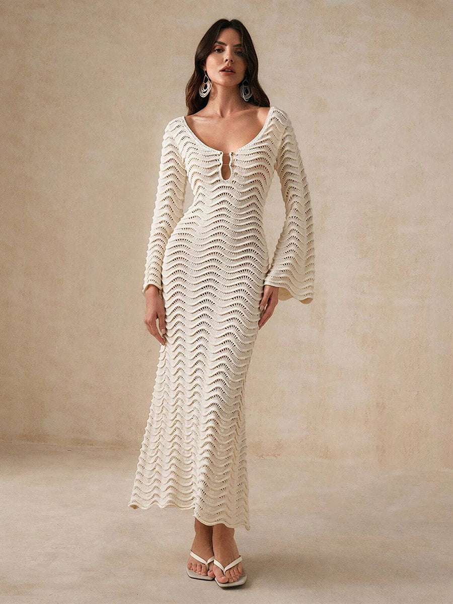 Vacation Dresses Shaping Cut Out Long Sleeves Scoop Neck Flared Sleeves Sexy Apricot Dress