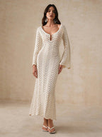 Vacation Dresses Shaping Cut Out Long Sleeves Scoop Neck Flared Sleeves Sexy Apricot Dress