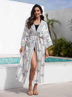 Vacation Dresses Ruffled Sash Long Sleeves Printed Casual Light Sky Blue Dress