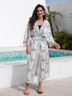 Vacation Dresses Ruffled Sash Long Sleeves Printed Casual Light Sky Blue Dress