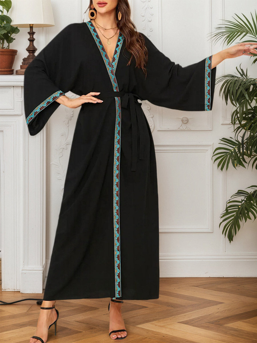 Vacation Dresses Ruffled Sash Long Sleeves Printed Casual Gold Dress