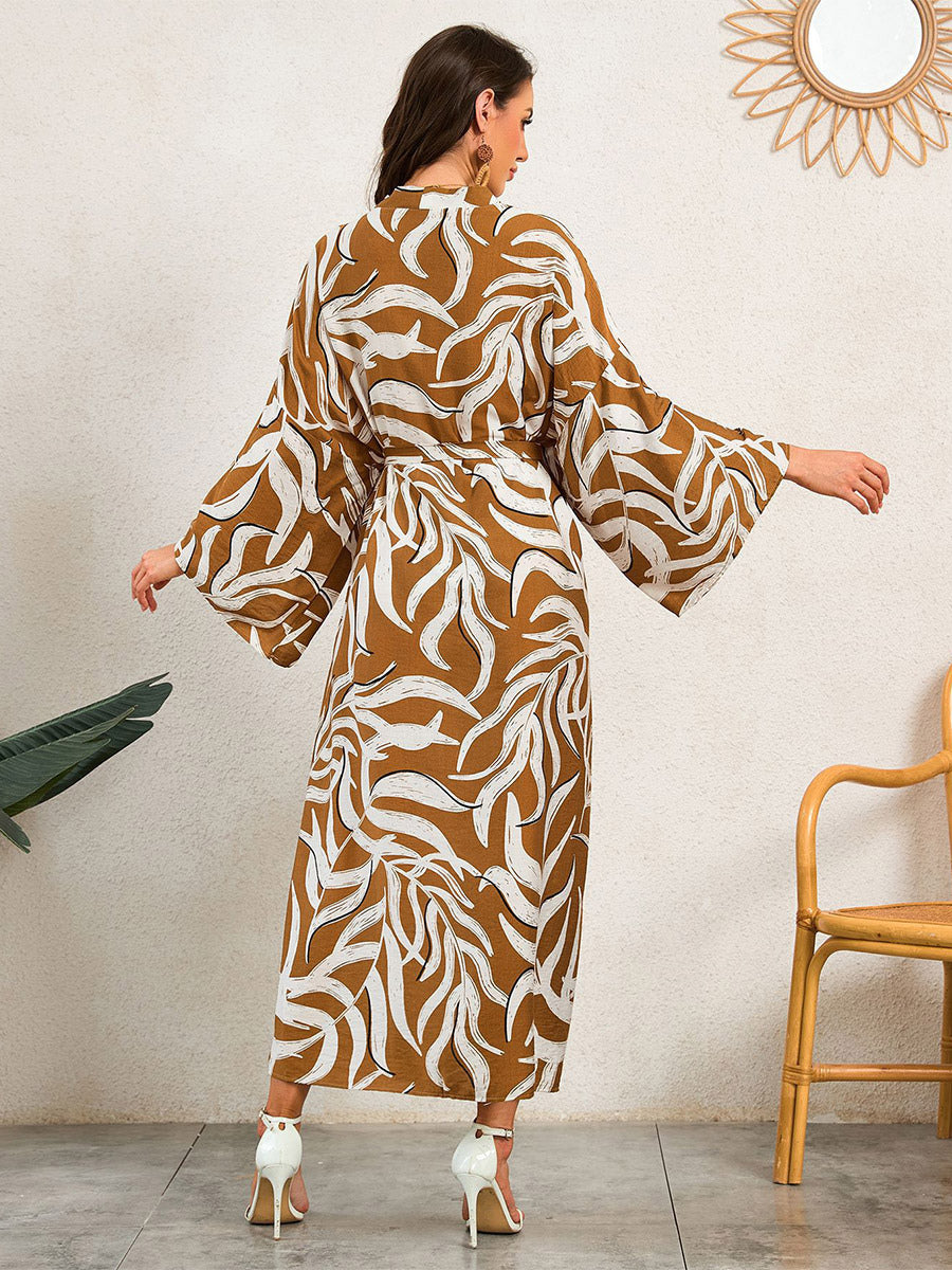 Vacation Dresses Oversized Long Sleeves Printed Casual Rose Dress