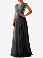 Party Dress Ecru White V-Neck Sequins Short Sleeves Shaping Cap Sleeves Chic Semi Formal Dress