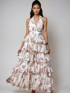 Date Night Dresses Layered Backless Tiered Sleeveless Printed V-Neck Elegant Red Dress