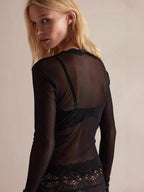 Blouse For Women Black Polyester V-Neck Chic Long Sleeves Tops