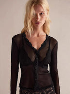 Blouse For Women Black Polyester V-Neck Chic Long Sleeves Tops