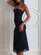 Daily Dresses Woman's Midi Dress Black Polyester Sleeveless Straps Neck Polka Dot Dress