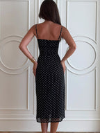 Daily Dresses Woman's Midi Dress Black Polyester Sleeveless Straps Neck Polka Dot Dress