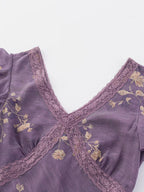 Daily Dresses For Woman Purple Shaping Flowers V-Neck Raised Waist Cap Sleeves Dress
