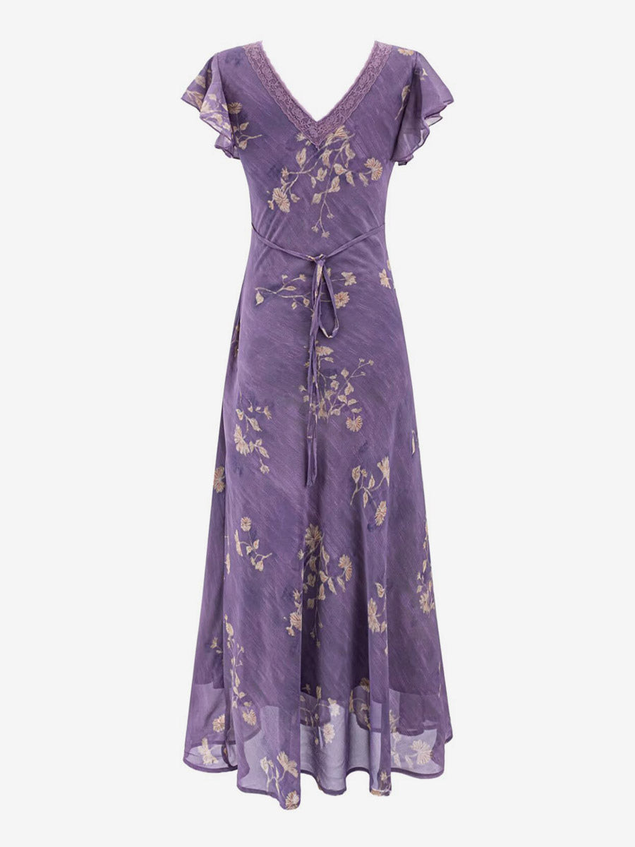 Daily Dresses For Woman Purple Shaping Flowers V-Neck Raised Waist Cap Sleeves Dress