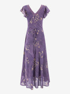 Daily Dresses For Woman Purple Shaping Flowers V-Neck Raised Waist Cap Sleeves Dress
