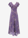 Daily Dresses For Woman Purple Shaping Flowers V-Neck Raised Waist Cap Sleeves Dress
