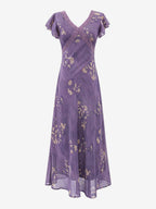 Daily Dresses For Woman Purple Shaping Flowers V-Neck Raised Waist Cap Sleeves Dress