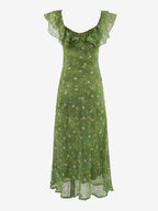 Daily Dresses Women's Sleeveless V-Neck Raised Waist Sweet Flowers Green Dress