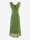Daily Dresses Women's Sleeveless V-Neck Raised Waist Sweet Flowers Green Dress