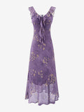 Daily Dresses For Woman Purple Flowers Sleeveless V-Neck Raised Waist Dress