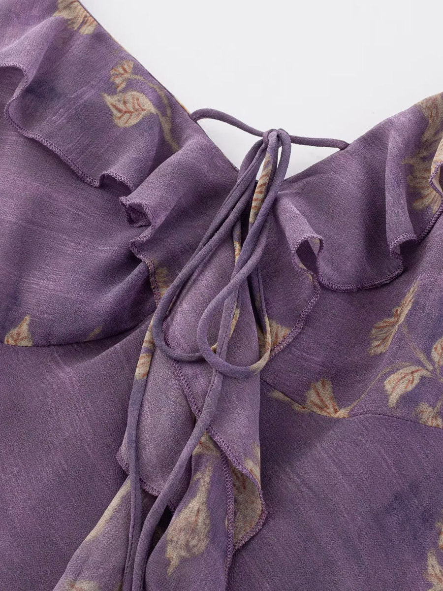 Daily Dresses For Woman Purple Flowers Sleeveless V-Neck Raised Waist Dress