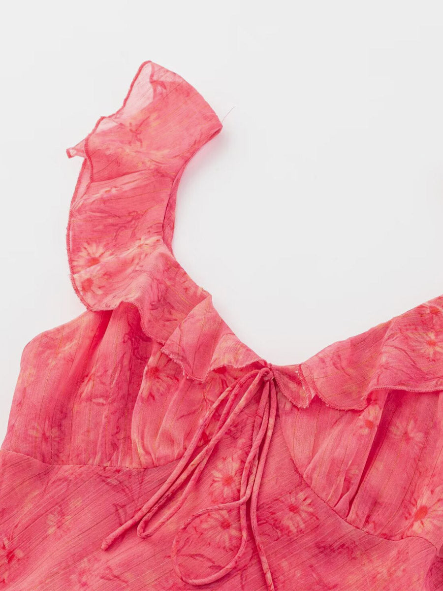 Daily Dresses For Woman Sleeveless V-Neck Raised Waist Sweet Shaping Ruffles Red Dress