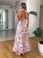 Vacation Dresses Shaping Backless Lace Sleeveless Printed Straps Neck Elegant Pink Dress