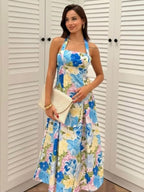Vacation Dresses Shaping Backless Lace Sleeveless Printed Straps Neck Elegant Pink Dress