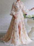Party Dress Dresses Party Dresses Ocean Blue High Collar Sequins Long Sleeves Shaping Puff Sleeves Elegant Semi Formal Dress