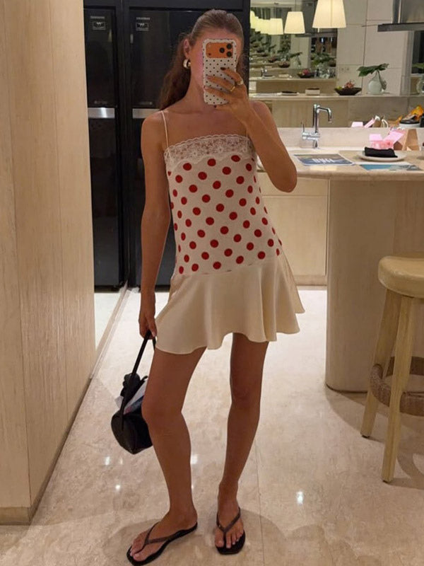 Date Night Dresses Mini Sleeveless Polka Dot Straps Neck Sexy Blue Dress