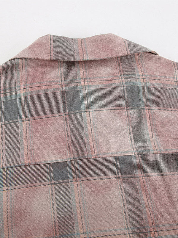 Women Jacket Turndown Collar Plaid Casual Long Sleeve Cardigans