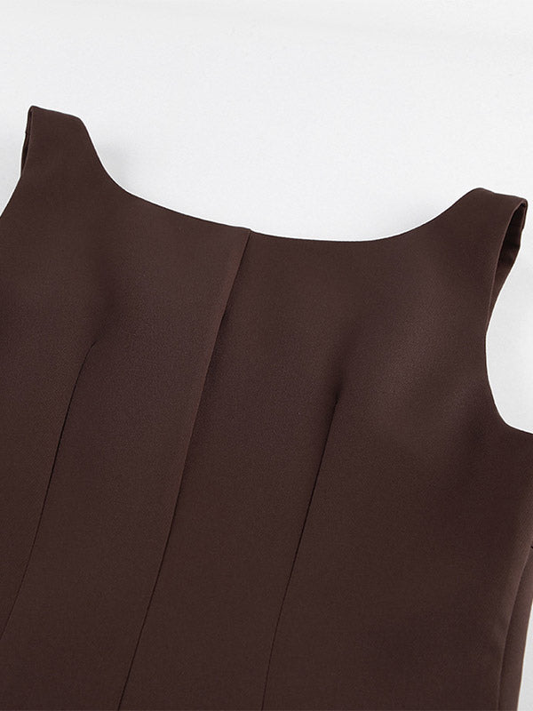 Two Piece Sets Brown Sleeveless Casual Vest Pant Set