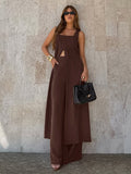 Two Piece Sets Brown Sleeveless Casual Vest Pant Set