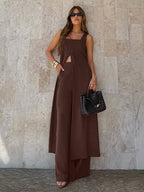 Two Piece Sets Brown Sleeveless Casual Vest Pant Set