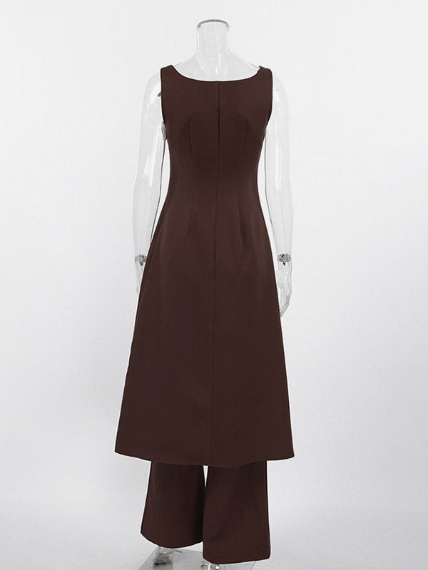 Two Piece Sets Brown Sleeveless Casual Vest Pant Set