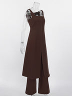 Two Piece Sets Brown Sleeveless Casual Vest Pant Set