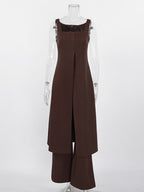 Two Piece Sets Brown Sleeveless Casual Vest Pant Set