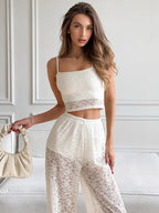 Two Piece Sets White Chic Daily Casual Lace Straps Neck Sleeveless Pant Set