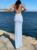 Vacation Dresses Maxi Flowers Sleeveless Floral Print Straps Neck Sexy Yellow Dress