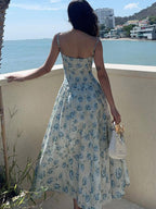 Vacation Dresses Maxi Sleeveless Floral Print Straps Neck Chic Green Dress