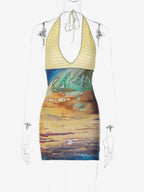Vacation Dresses Mini Crochet Sleeveless Halter Sexy Yellow Dress