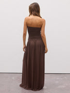 Party Dress Maxi Brown Strapless Pleated Sleeveless Clothes Sexy Semi Formal Dress