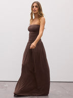 Party Dress Maxi Brown Strapless Pleated Sleeveless Clothes Sexy Semi Formal Dress
